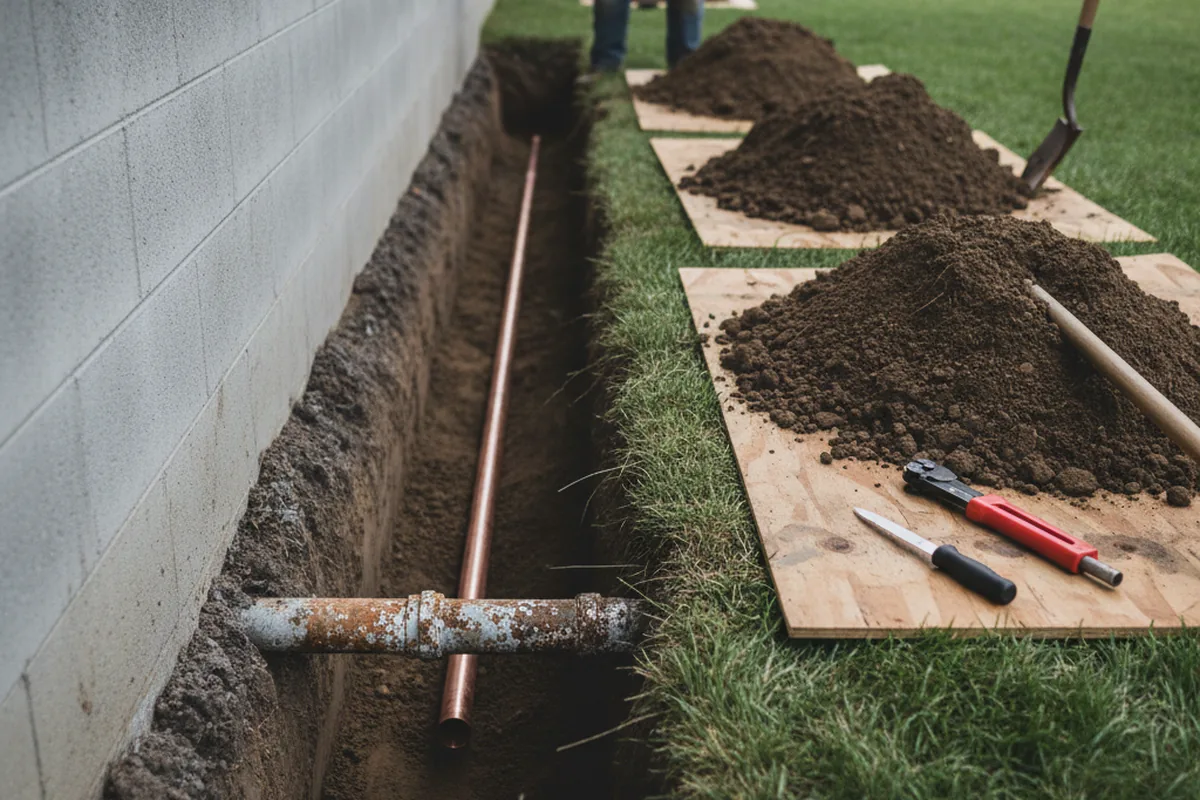 Excavated water line trench during Water Softener Installation in South Boston